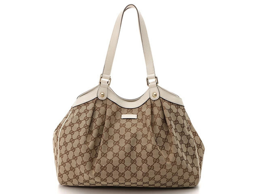 Gucci GG Tote Bag Ivory White Beige Cream Canvas Leather